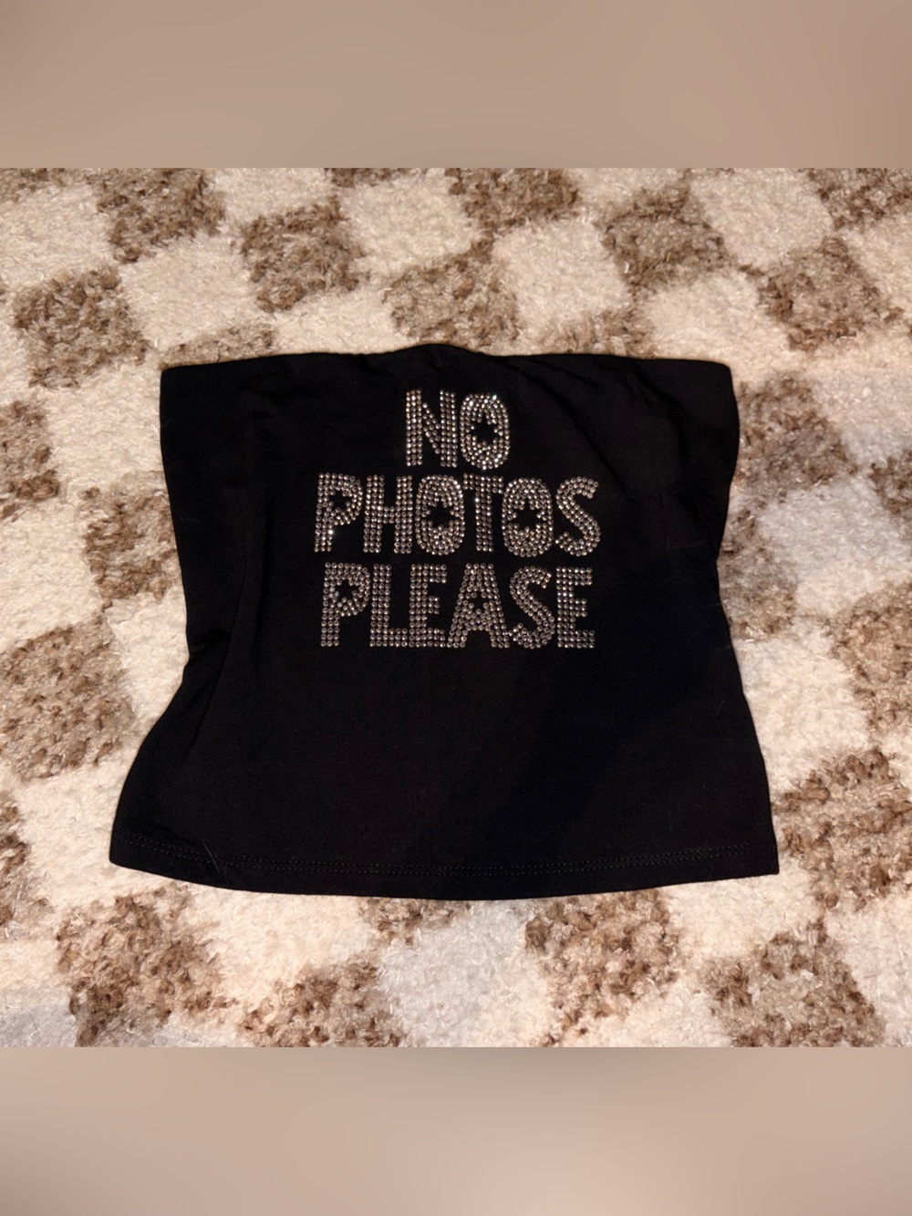 Windsor Black Strapless Tube Top with Rhinestone 'NO PHOTOS PLEASE'